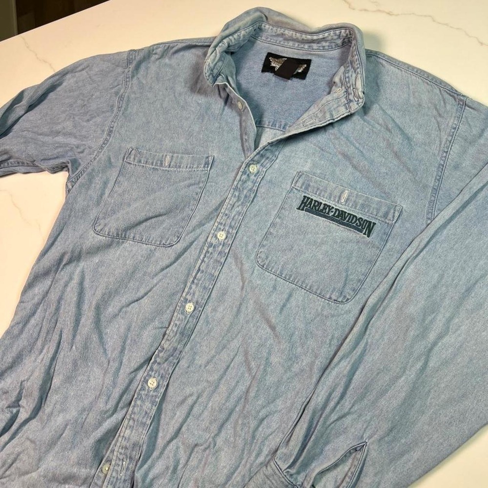 Harley-Davidson Denim Shirt Mens Large Tall Light Wash Long Sleeve Embroidered